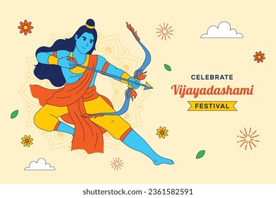 Happy Dussehra festival background. Dussehra celebration. October 24. Celebrate Vijayadashami festival. Cartoon Vector illustration. Poster, Banner, Greeting Card, Template. Creative social media post