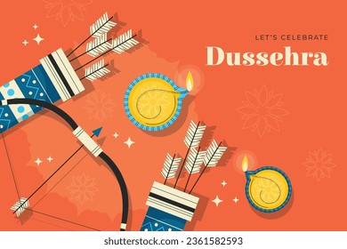 Happy Dussehra festival background. Dussehra celebration. October 24. Celebrate Vijayadashami festival. Cartoon Vector illustration. Poster, Banner, Greeting Card, Template. Creative social media post