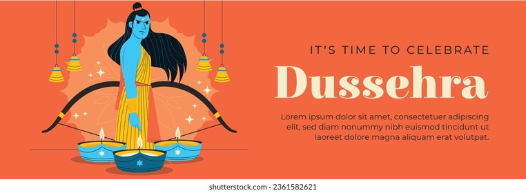 Happy Dussehra festival background. Dussehra celebration. October 24. Celebrate Vijayadashami festival. Cartoon Vector illustration. Poster, Banner, Greeting Card, Template. Creative social media post