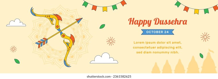 Happy Dussehra festival background. Dussehra celebration. October 24. Celebrate Vijayadashami festival. Cartoon Vector illustration. Poster, Banner, Greeting Card, Template. Creative social media post