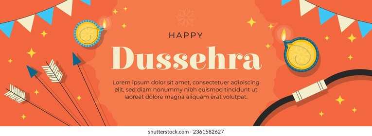 Happy Dussehra festival background. Dussehra celebration. October 24. Celebrate Vijayadashami festival. Cartoon Vector illustration. Poster, Banner, Greeting Card, Template. Creative social media post