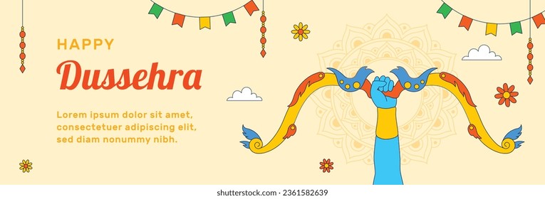 Happy Dussehra festival background. Dussehra celebration. October 24. Celebrate Vijayadashami festival. Cartoon Vector illustration. Poster, Banner, Greeting Card, Template. Creative social media post