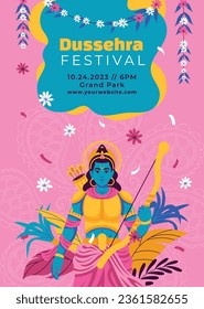 Happy Dussehra festival background. Dussehra celebration. October 24. Celebrate Vijayadashami festival. Cartoon Vector illustration. Poster, Banner, Greeting Card, Template. Creative social media post