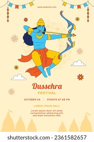 Happy Dussehra festival background. Dussehra celebration. October 24. Celebrate Vijayadashami festival. Cartoon Vector illustration. Poster, Banner, Greeting Card, Template. Creative social media post