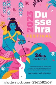Happy Dussehra festival background. Dussehra celebration. October 24. Celebrate Vijayadashami festival. Cartoon Vector illustration. Poster, Banner, Greeting Card, Template. Creative social media post