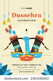 Happy Dussehra festival background. Dussehra celebration. October 24. Celebrate Vijayadashami festival. Cartoon Vector illustration. Poster, Banner, Greeting Card, Template. Creative social media post