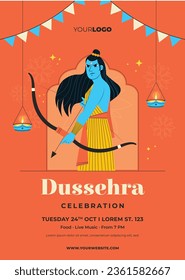 Happy Dussehra festival background. Dussehra celebration. October 24. Celebrate Vijayadashami festival. Cartoon Vector illustration. Poster, Banner, Greeting Card, Template. Creative social media post