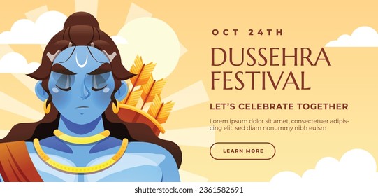 Happy Dussehra festival background. Dussehra celebration. October 24. Celebrate Vijayadashami festival. Cartoon Vector illustration. Poster, Banner, Greeting Card, Template. Creative social media post