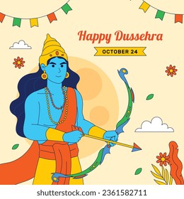 Happy Dussehra festival background. Dussehra celebration. October 24. Celebrate Vijayadashami festival. Cartoon Vector illustration. Poster, Banner, Greeting Card, Template. Creative social media post