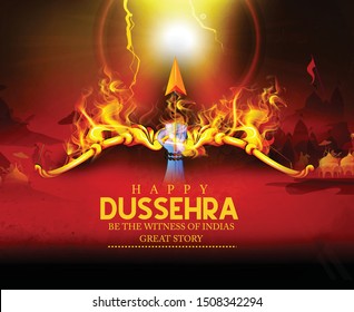 Happy Dussehra festival card with gold  bow and arrow fire festival of India background