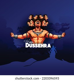 Happy Dussehra festival card with Ravan and bow arrow