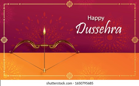 Feliz celebración del festival Dussehra, ilustración india de los símbolos de Lord Rama y con elementos orientales y flecha arco sobre fondo de color de papel 