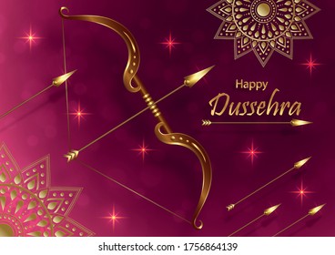 Happy Dussehra festival celebration, indian’s illustration of Lord Rama symbols and with oriental elements and arrow bow on paper color background 