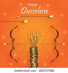 Happy Dussehra festival celebration, indian’s illustration of Lord Rama symbols and with oriental elements and arrow bow on paper color background 