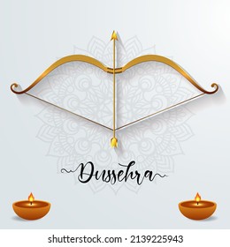 Happy dussehra festival design with mandala, bow, arrow and candle. Flat design happy dussehra background