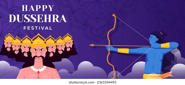 happy dussehra festival horizontal banner with rama and ravana