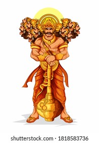 Happy Dussehra festival of India background King Ravan with His Ten Heads in Standing Pose