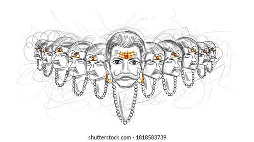 Happy Dussehra festival of India background King Ravan with His Ten Heads in Standing Pose