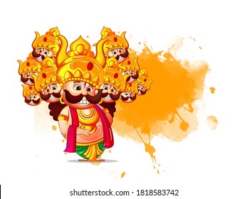 Happy Dussehra festival of India background King Ravan with His Ten Heads in Standing Pose