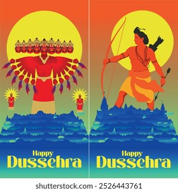 Feliz festival Dussehra da Índia, ilustração do Senhor Rama matando Ravana no cartaz do festival Dussehra Navratri da Índia