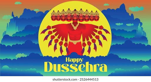 Feliz festival Dussehra da Índia, ilustração do Senhor Rama matando Ravana no cartaz do festival Dussehra Navratri da Índia