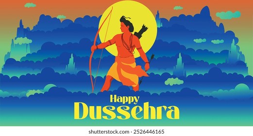 Feliz festival Dussehra da Índia, ilustração do Senhor Rama matando Ravana no cartaz do festival Dussehra Navratri da Índia