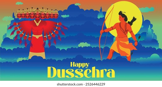 Feliz festival Dussehra da Índia, ilustração do Senhor Rama matando Ravana no cartaz do festival Dussehra Navratri da Índia