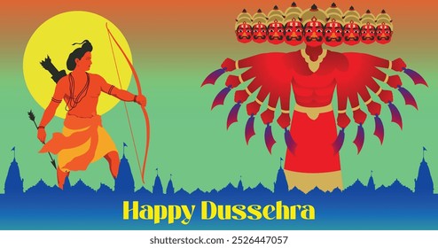 Feliz festival Dussehra da Índia, ilustração do Senhor Rama matando Ravana no cartaz do festival Dussehra Navratri da Índia