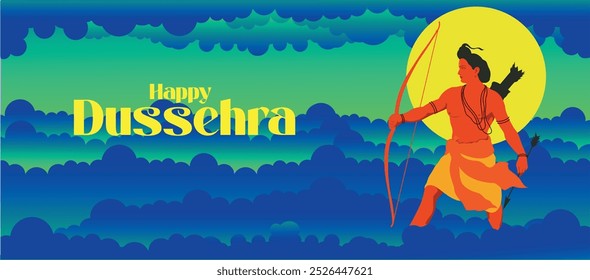 Feliz festival Dussehra da Índia, ilustração do Senhor Rama matando Ravana no cartaz do festival Dussehra Navratri da Índia