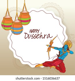 Happy Dussehra Festival of India with Lord Rama and offering symbol, vector illustration