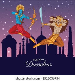 Happy Dussehra Festival of India with Lord Rama killing Ravana at night, vector illustration