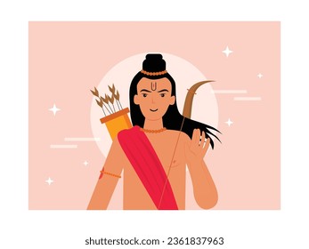 Happy dussehra festival in india. Lord rama with his bow and arrow, religious ritual culture. Character design. Vector flat illustration
