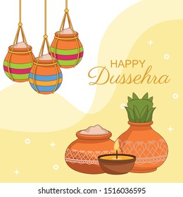 Happy Dussehra Festival of India with offering symbols, vector illustration