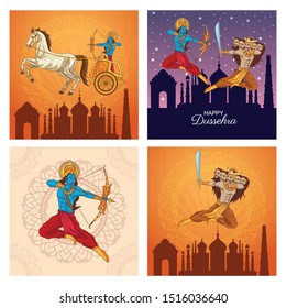 Happy Dussehra Festival of India set with Ravana and Lord Rama, vector illustration