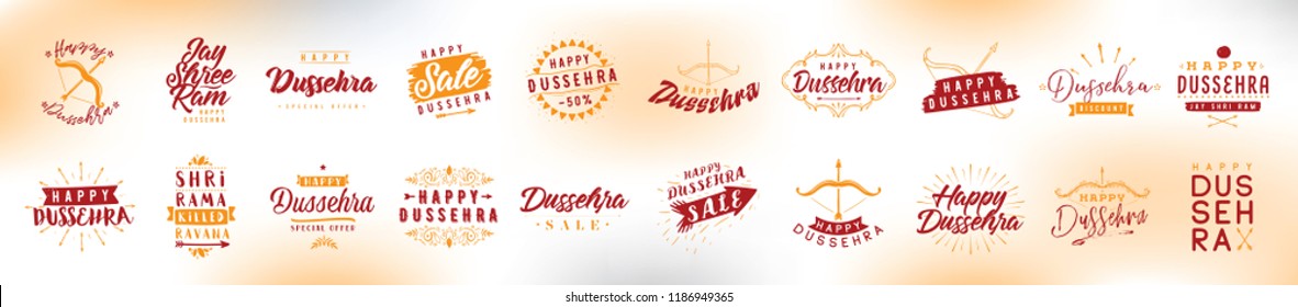 Happy Dussehra. Festival of India. Vector typography set for banner, logo design.