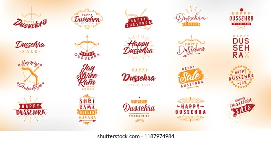 Happy Dussehra. Festival of India. Vector typography set for banner, logo design.