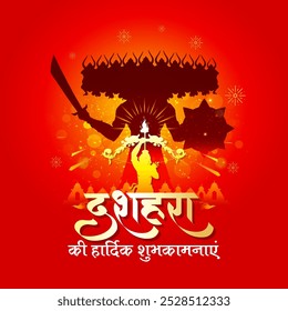 "Happy Dussehra festival" em hindi indiano. Cartão de saudação para Lord Rama e Ravana. Postagem em mídias sociais, cartão postal, banner, design de pôster.