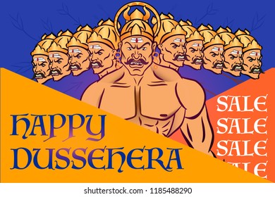 Happy Dussehra festival of India.Vector Illustration of Ravana with 10 heads.Navratri festival of India poster for Dussehra.sale banner or sale poster