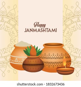 happy dussehra festival poster with ceramic jars and candle vector illustration design