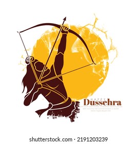 HAPPY DUSSEHRA FONT WITH ARROW AND BOW ,LORD RAMA KILLING RAVANA IN DUSSEHRA NAVRATRI FESTIVAL OF INDIA POSTER BACKGROUND.