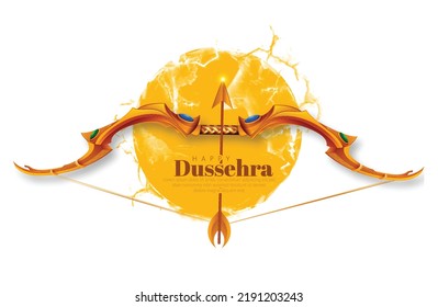 HAPPY DUSSEHRA FONT WITH ARROW AND BOW ,LORD RAMA KILLING RAVANA IN DUSSEHRA NAVRATRI FESTIVAL OF INDIA POSTER BACKGROUND.