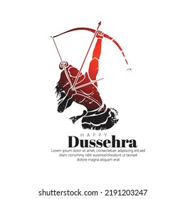 HAPPY DUSSEHRA FONT WITH ARROW AND BOW ,LORD RAMA KILLING RAVANA IN DUSSEHRA NAVRATRI FESTIVAL OF INDIA POSTER BACKGROUND.