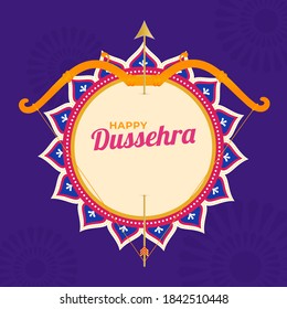 Happy Dussehra Font With Bow Arrow On Mandala Frame And Purple Background.