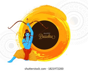 Happy Dussehra Font with Hindu Mythology Lord Rama Aiming Arrow and Orange Brush Stroke Effect on White Mandala Pattern Background.