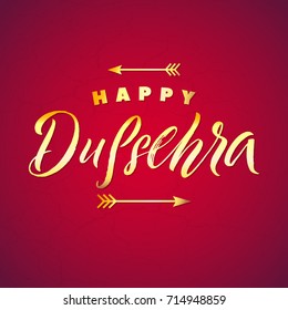 Happy Dussehra. Gold Text calligraphic inscription  festival Indian with bow and arrow with a shadow on a red background. Vector illustration