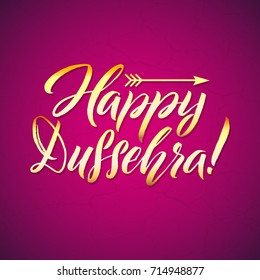 Happy Dussehra. Gold Text calligraphic inscription  festival Indian with bow and arrow with a shadow on a pink background. Vector illustration