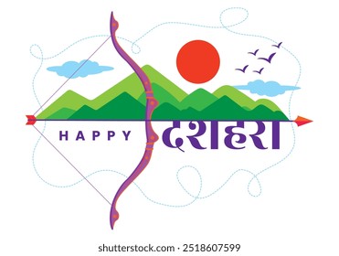 happy Dussehra Greeting Card with Bow, Arrow, and Green Leaf Illustration for Festival