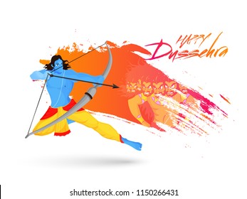 Happy Dussehra greeting card design, Hindu Mythological Lord Rama taking an aim against Demon Ravana on abstract background.