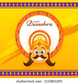 Happy Dussehra greeting card design with illustration of Demon Ravana face on abstract yellow background.