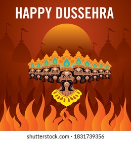 Happy Dussehra greeting card design with bow arrow, ravana